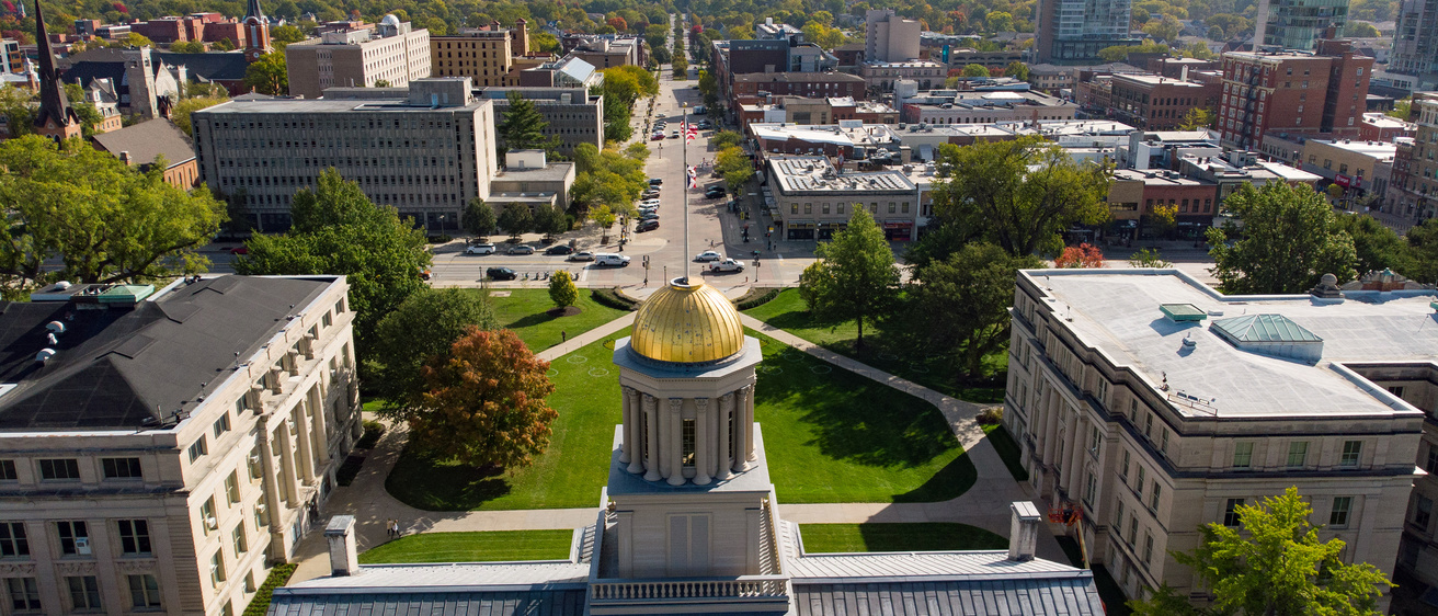 Aerial drone photo of the Pentacrest on the campus of the University of Iowa.